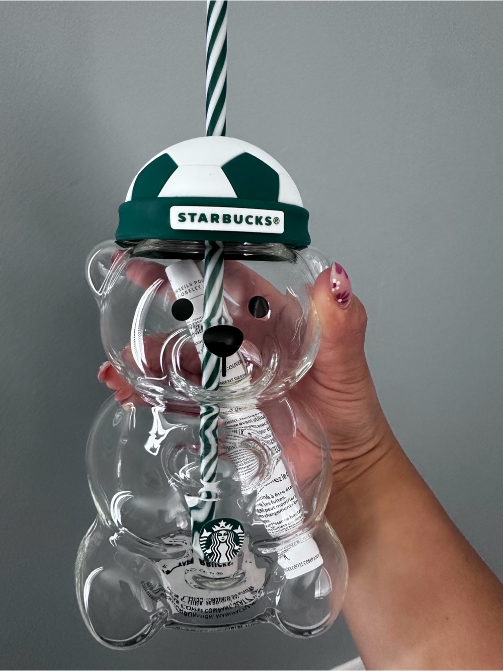 Authentic Starbucks Soccer Bear Glass Tumbler with Green Lid and Striped Straw